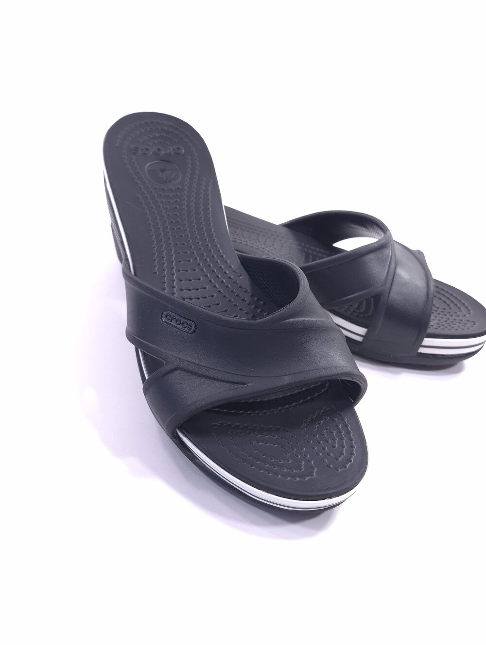 CROCS Women’s Black Slides Wedge Sandals White Stripes Comfort Casual - Size 10